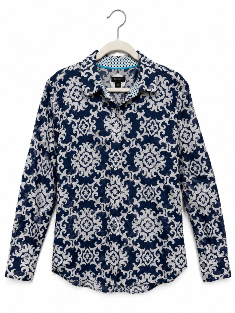 Talbots Navy White Damask Tile Print Long Sleeve Button Blouse
